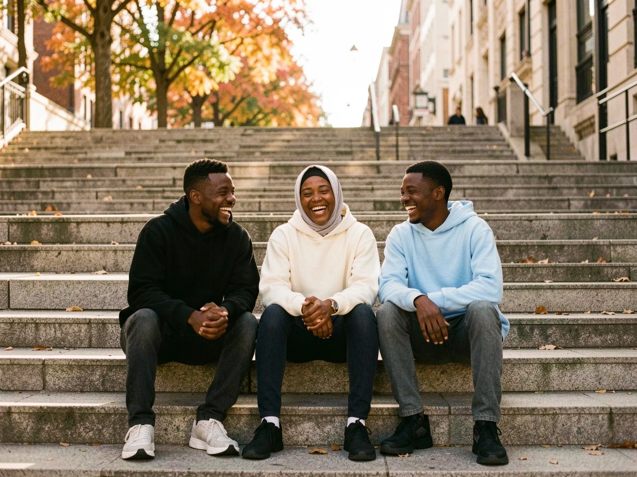Friends laughing on city steps
